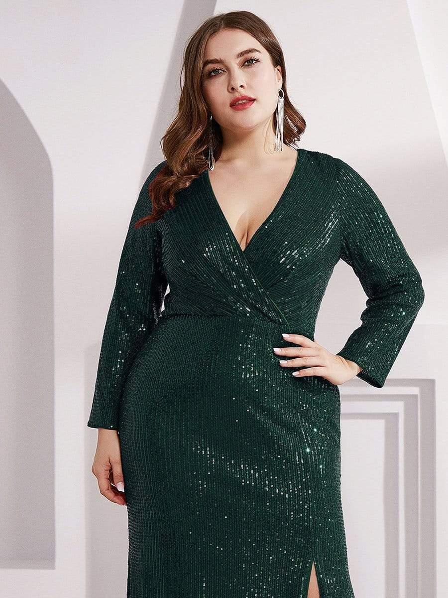 ever NYX|Shiny V Neck Sequin Long Sleeves Evening Dress
