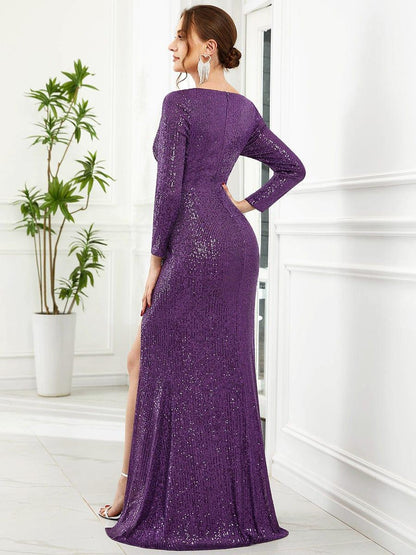 ever NYX|Shiny V Neck Sequin Long Sleeves Evening Dress