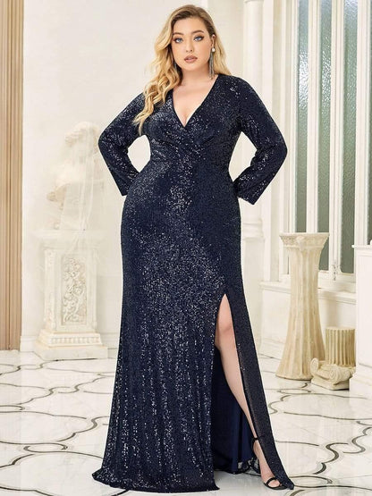pretty NYX|Plus Size Sexy Deep V-Neck Sequin Bodice Formal Evening Gowns