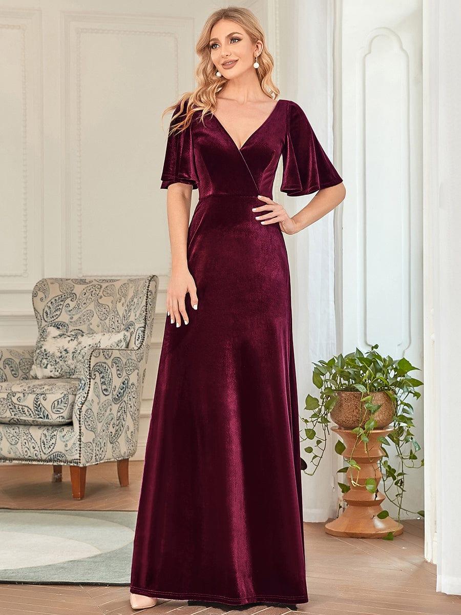 ever REINE|Elegant Double V Neck Velvet Evening Dress with Sleeves