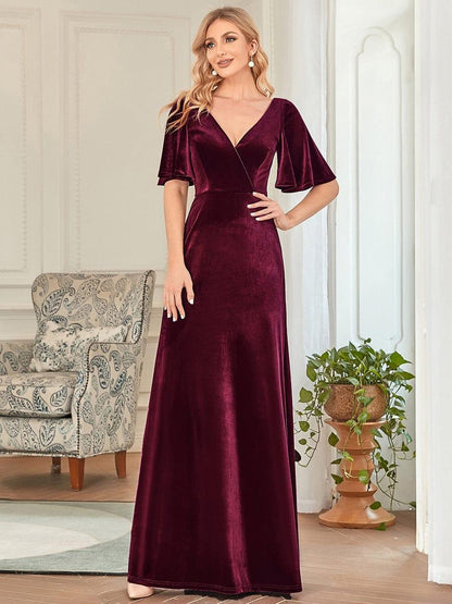 ever REINE|Elegant Double V Neck Velvet Evening Dress with Sleeves
