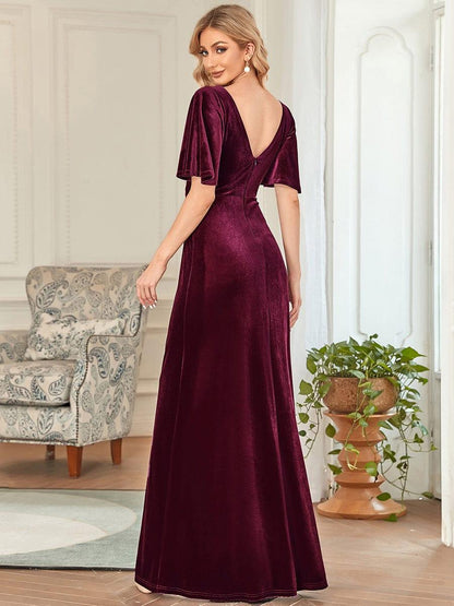 ever REINE|Elegant Double V Neck Velvet Evening Dress with Sleeves