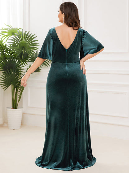 ever REINE|Elegant Double V Neck Velvet Evening Dress with Sleeves