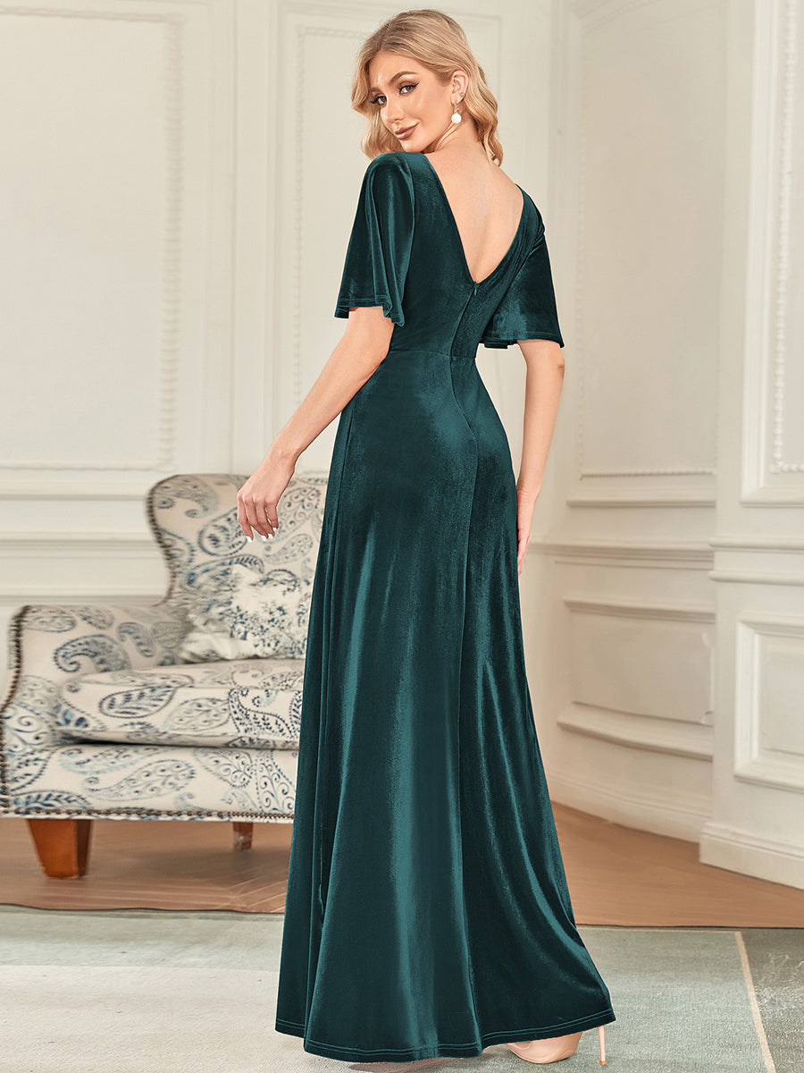 ever REINE|Elegant Double V Neck Velvet Evening Dress with Sleeves