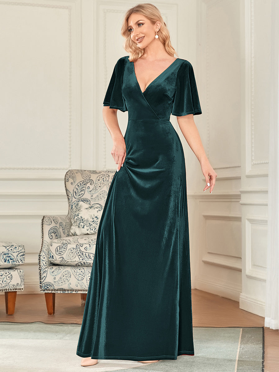 ever REINE|Elegant Double V Neck Velvet Evening Dress with Sleeves