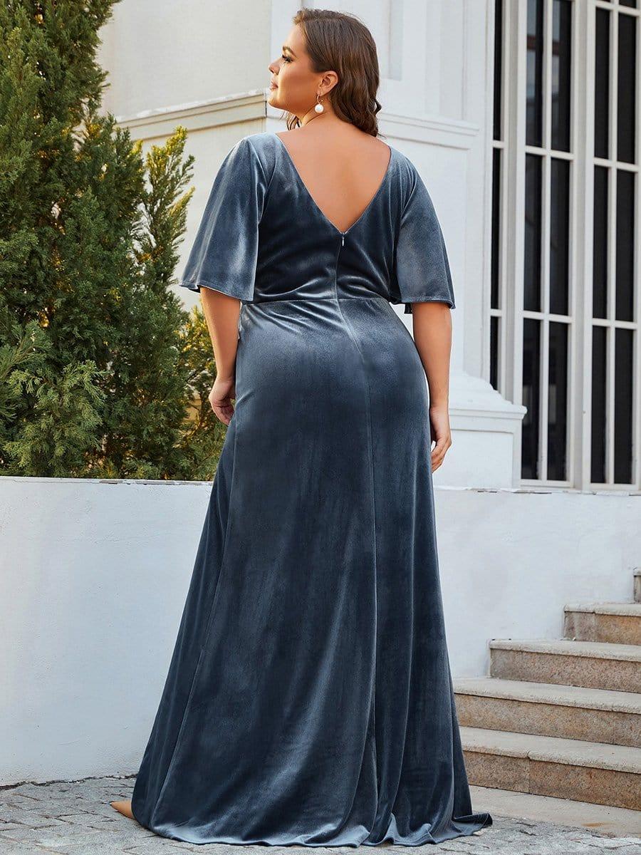 ever REINE|Elegant Double V Neck Velvet Evening Dress with Sleeves