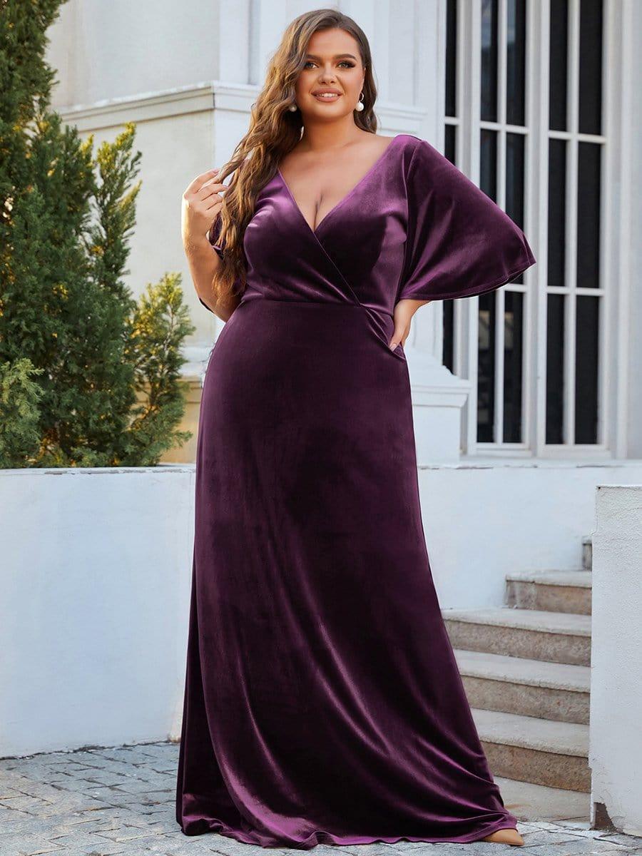 ever REINE|Elegant Double V Neck Velvet Evening Dress with Sleeves