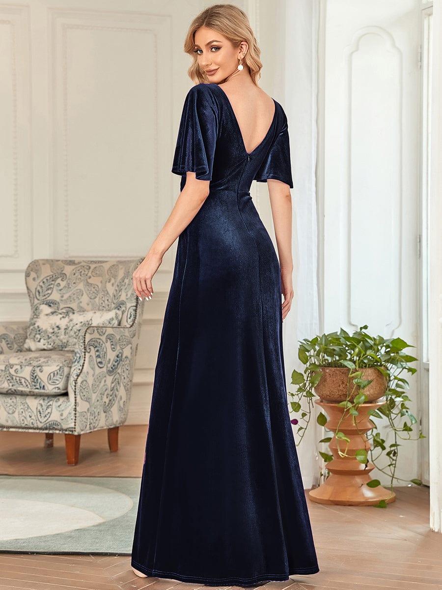 ever REINE|Elegant Double V Neck Velvet Evening Dress with Sleeves