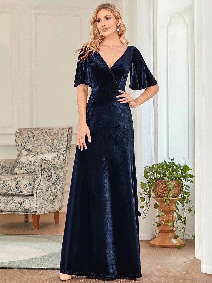ever REINE|Elegant Double V Neck Velvet Evening Dress with Sleeves