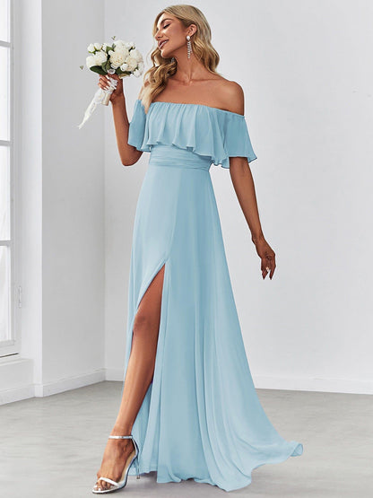 Women's Off Shoulder Ruffle Thigh Slit Bridesmaid Dresses
