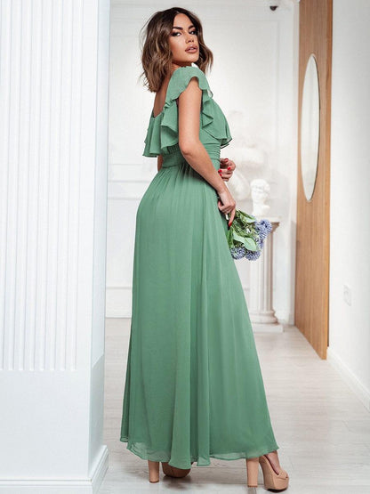 Women's Off Shoulder Ruffle Thigh Slit Bridesmaid Dresses