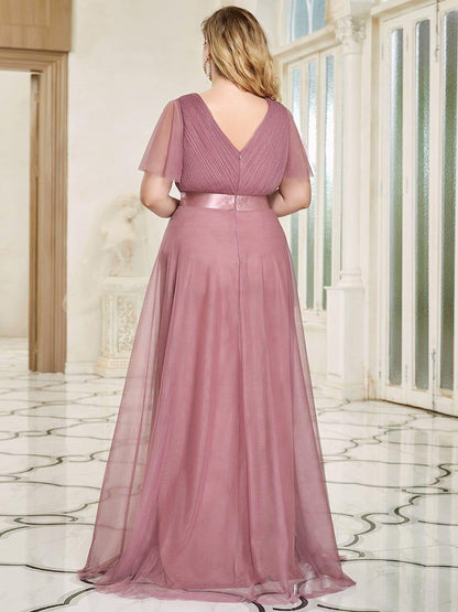 pretty MISTE|Women's Floor-Length Plus Size Formal Bridesmaid Dress with Short Sleeve