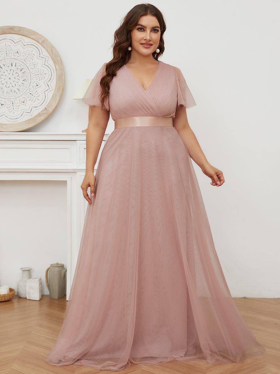 pretty MISTE|Women's Floor-Length Plus Size Formal Bridesmaid Dress with Short Sleeve