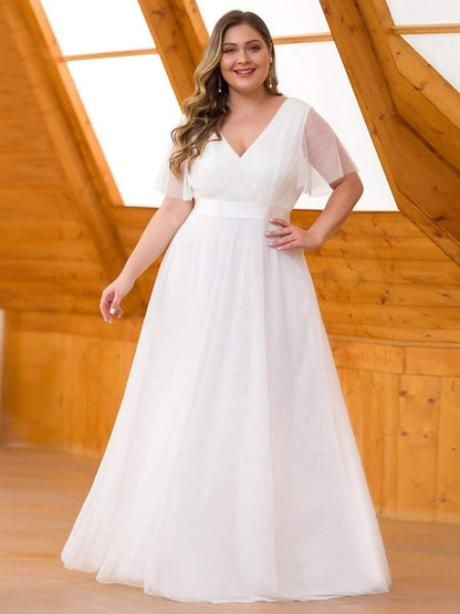 pretty MISTE|Women's Floor-Length Plus Size Formal Bridesmaid Dress with Short Sleeve