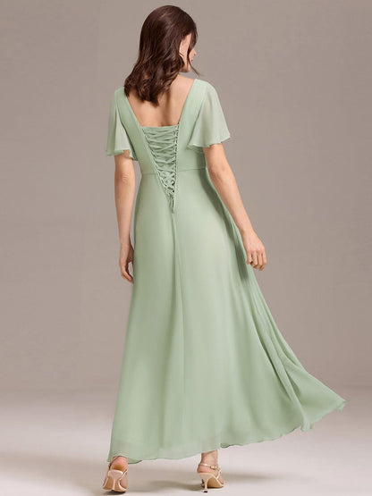 ever ARIANNE|Short Sleeve Ruffled Lace-Up A-Line Maxi Bridesmaid Dress