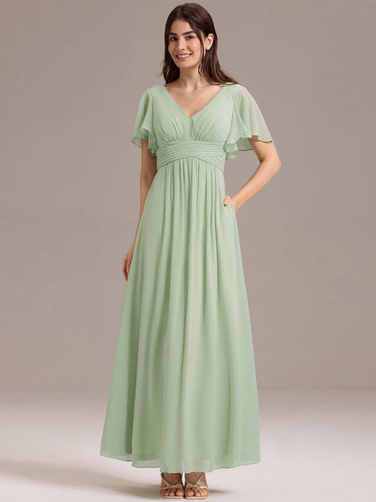 ever ARIANNE|Short Sleeve Ruffled Lace-Up A-Line Maxi Bridesmaid Dress