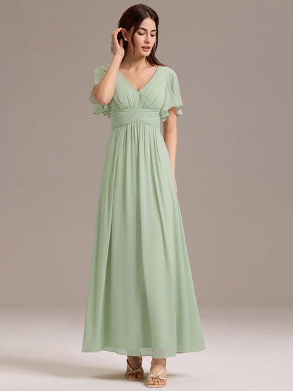 ever ARIANNE|Short Sleeve Ruffled Lace-Up A-Line Maxi Bridesmaid Dress