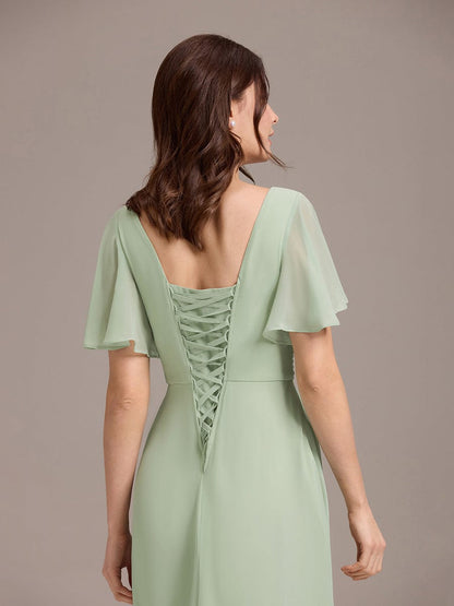 ever ARIANNE|Short Sleeve Ruffled Lace-Up A-Line Maxi Bridesmaid Dress