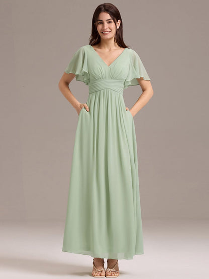 ever ARIANNE|Short Sleeve Ruffled Lace-Up A-Line Maxi Bridesmaid Dress