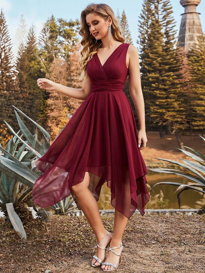 ever ELORA|V Neck Ruched Asymmetrical Hems Midi Chiffon Bridesmaid Dress