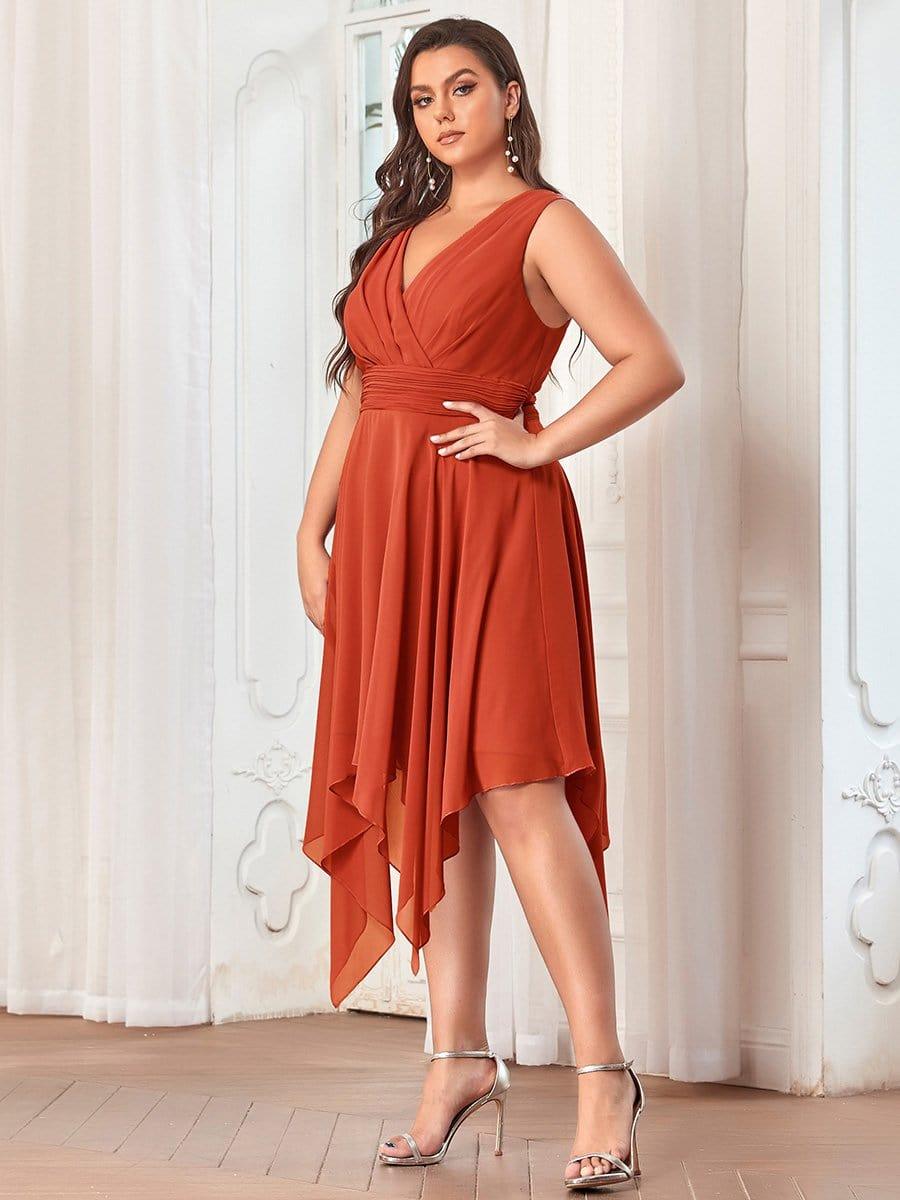 pretty ELORA|Plus Size Double V Neck Ruched-Waist Midi Chiffon Bridesmaid Dress