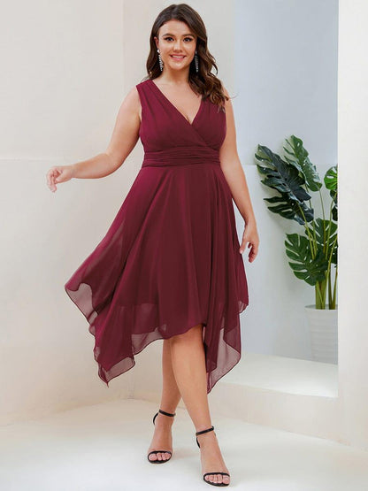 pretty ELORA|Plus Size Double V Neck Ruched-Waist Midi Chiffon Bridesmaid Dress