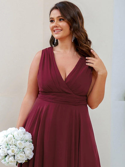 pretty ELORA|Plus Size Double V Neck Ruched-Waist Midi Chiffon Bridesmaid Dress