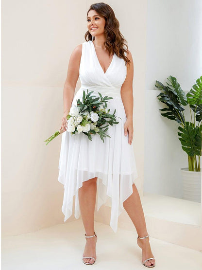 pretty ELORA|Plus Size Double V Neck Ruched-Waist Midi Chiffon Bridesmaid Dress