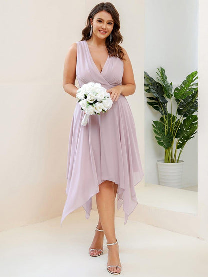 pretty ELORA|Plus Size Double V Neck Ruched-Waist Midi Chiffon Bridesmaid Dress