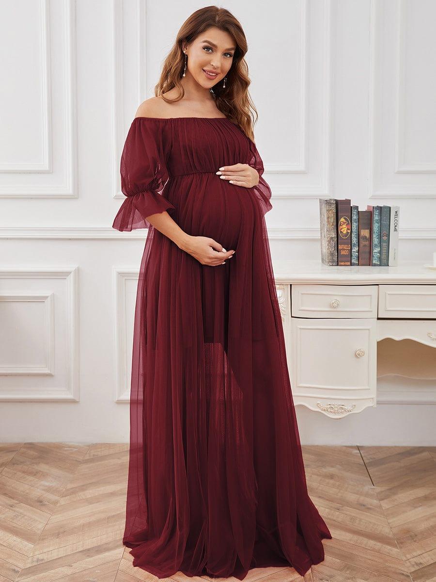 ever CELIA|Sheer Off-Shoulder Double Skirt Maxi Maternity Dress