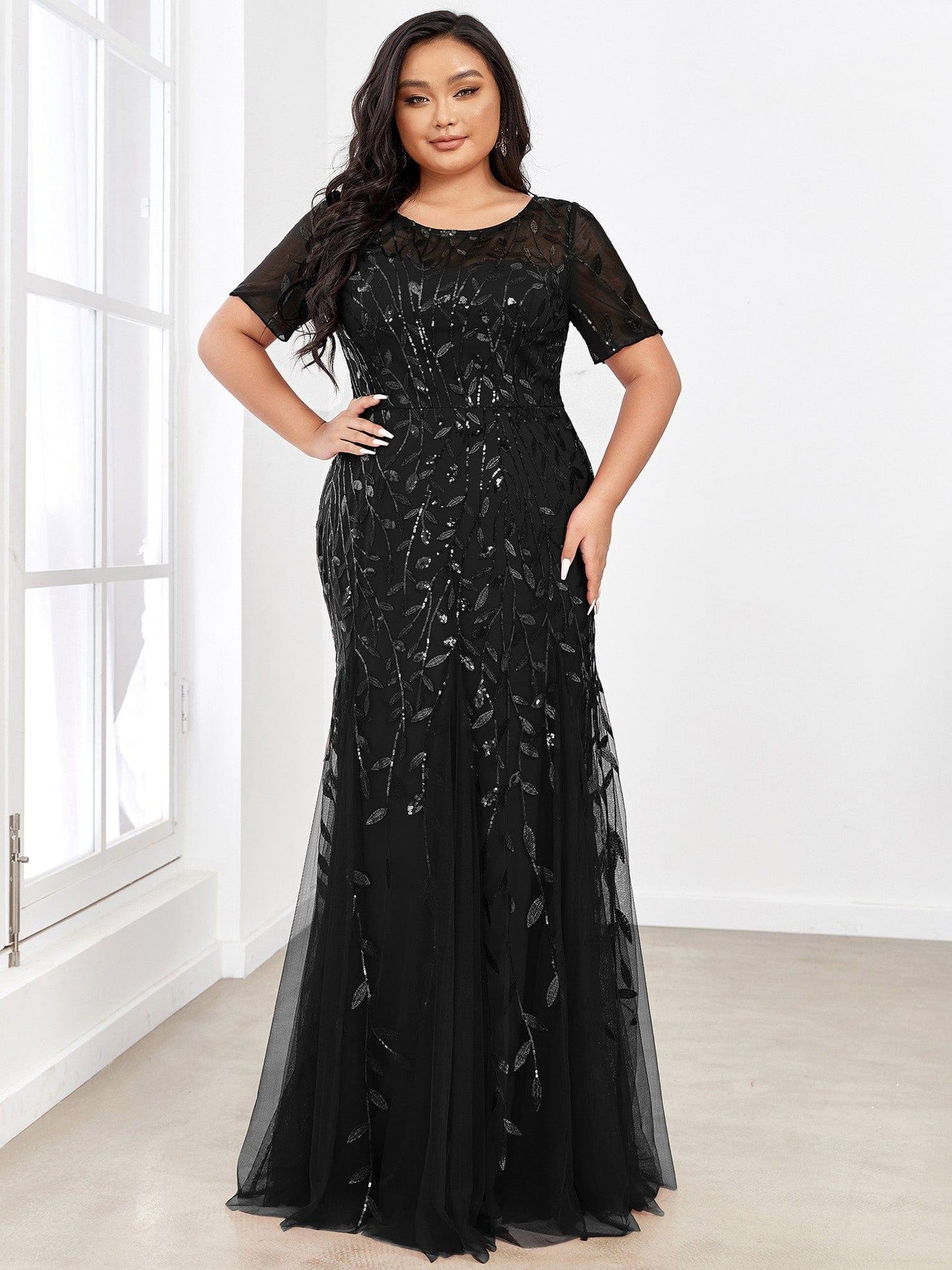 pretty JADEN|Floral Sequin Print Plus Size Mermaid Tulle Evening Dress