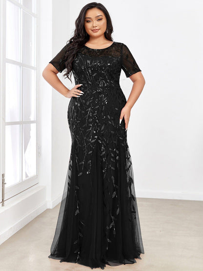 pretty JADEN|Floral Sequin Print Plus Size Mermaid Tulle Evening Dress