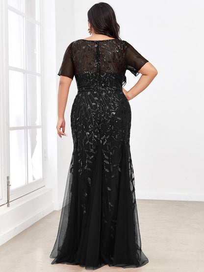 pretty JADEN|Floral Sequin Print Plus Size Mermaid Tulle Evening Dress