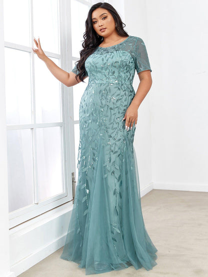 pretty JADEN|Floral Sequin Print Plus Size Mermaid Tulle Evening Dress