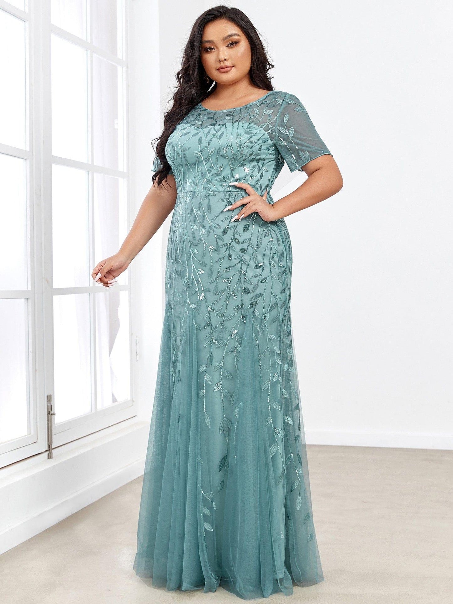 pretty JADEN|Floral Sequin Print Plus Size Mermaid Tulle Evening Dress