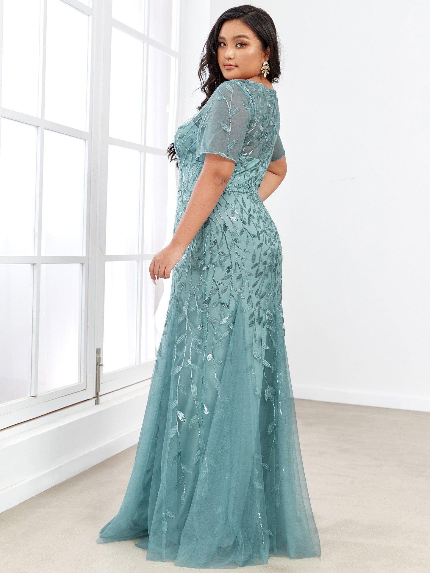 pretty JADEN|Floral Sequin Print Plus Size Mermaid Tulle Evening Dress
