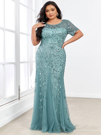 pretty JADEN|Floral Sequin Print Plus Size Mermaid Tulle Evening Dress
