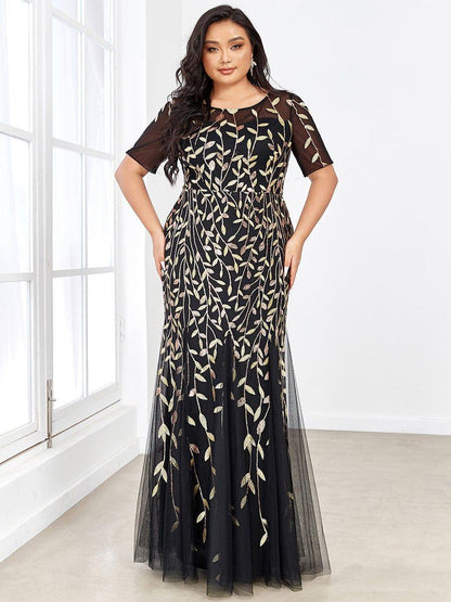 pretty JADEN|Floral Sequin Print Plus Size Mermaid Tulle Evening Dress