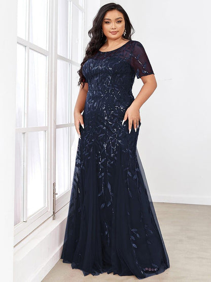 pretty JADEN|Floral Sequin Print Plus Size Mermaid Tulle Evening Dress