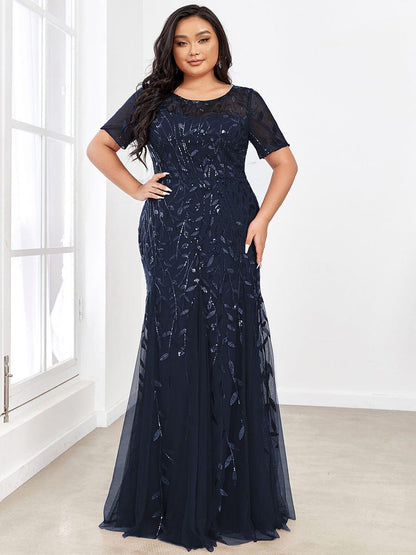 pretty JADEN|Floral Sequin Print Plus Size Mermaid Tulle Evening Dress