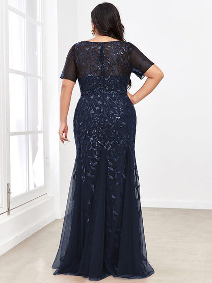 pretty JADEN|Floral Sequin Print Plus Size Mermaid Tulle Evening Dress