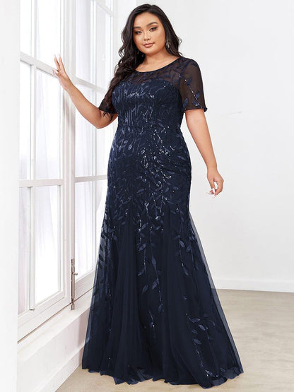 pretty JADEN|Floral Sequin Print Plus Size Mermaid Tulle Evening Dress