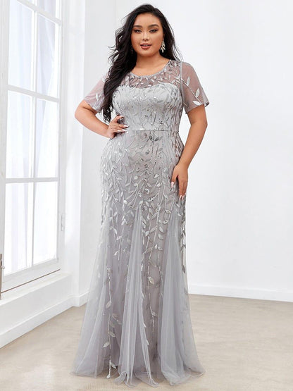 pretty JADEN|Floral Sequin Print Plus Size Mermaid Tulle Evening Dress