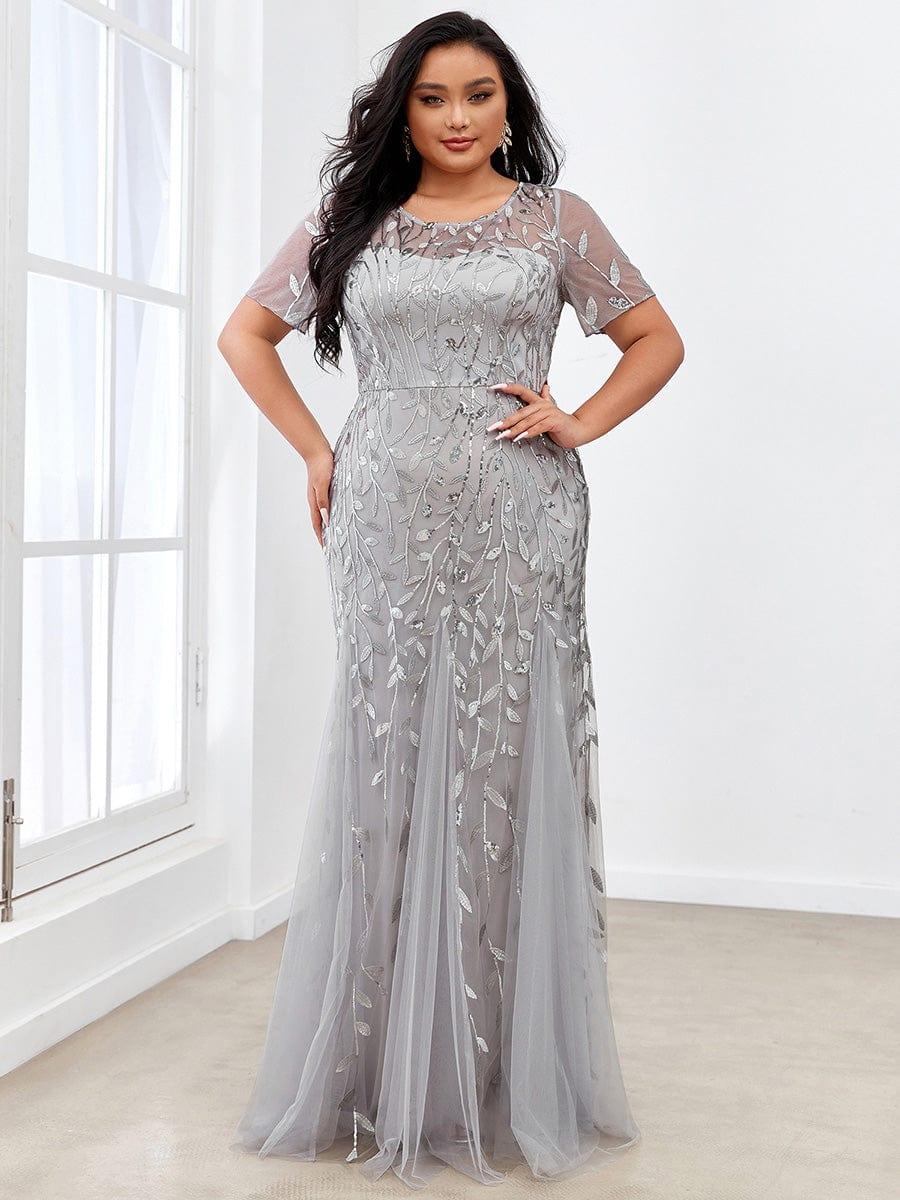 pretty JADEN|Floral Sequin Print Plus Size Mermaid Tulle Evening Dress