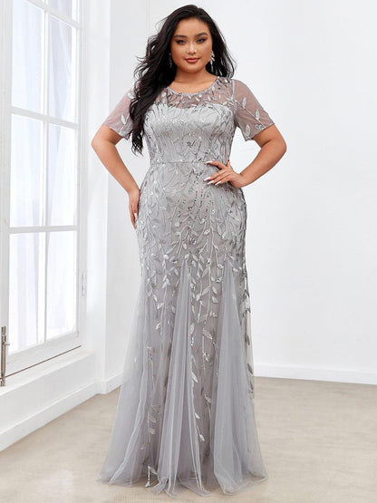 pretty JADEN|Floral Sequin Print Plus Size Mermaid Tulle Evening Dress